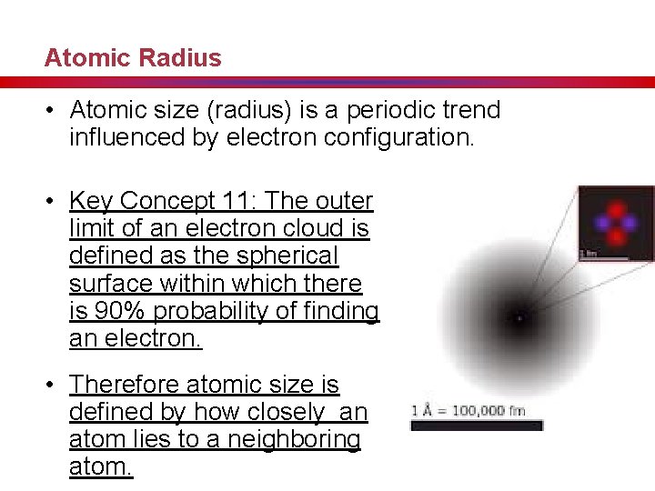 Atomic Radius • Atomic size (radius) is a periodic trend influenced by electron configuration.