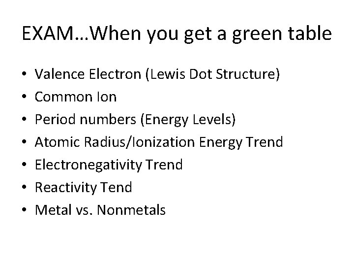 EXAM…When you get a green table • • Valence Electron (Lewis Dot Structure) Common