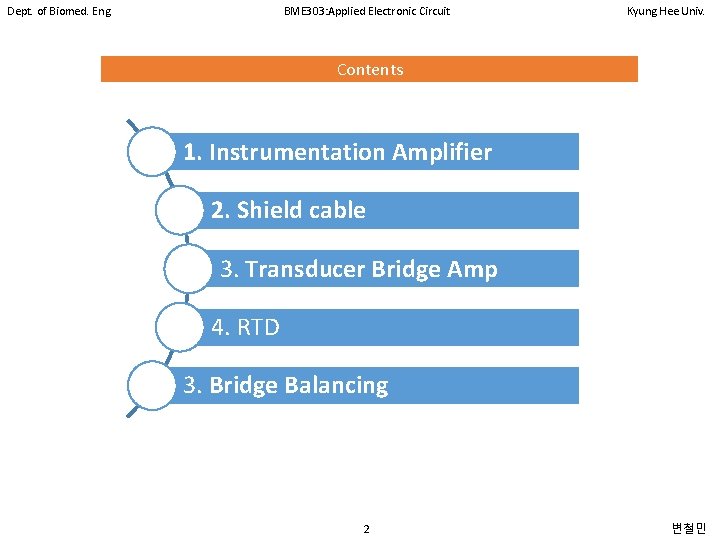 Dept. of Biomed. Eng. BME 303: Applied Electronic Circuit Kyung Hee Univ. Contents 1.