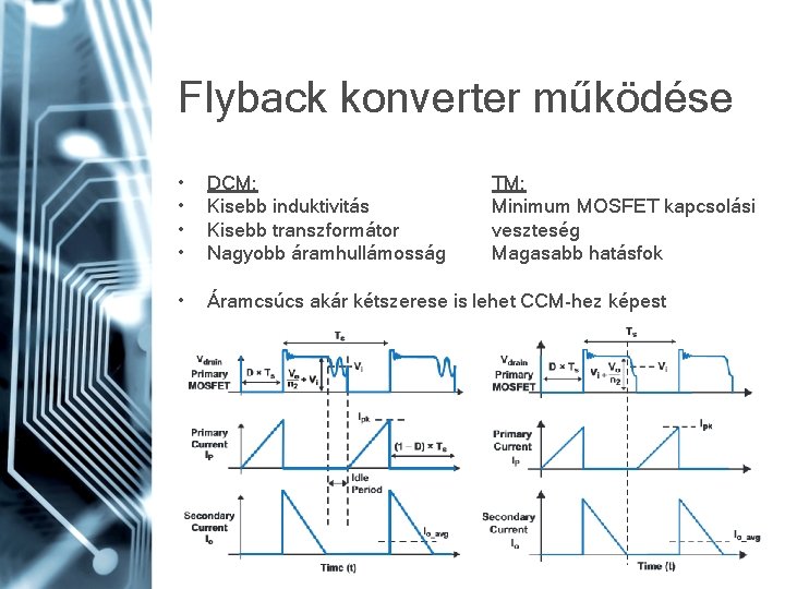 Flyback konverter működése • • DCM: Kisebb induktivitás Kisebb transzformátor Nagyobb áramhullámosság • Áramcsúcs