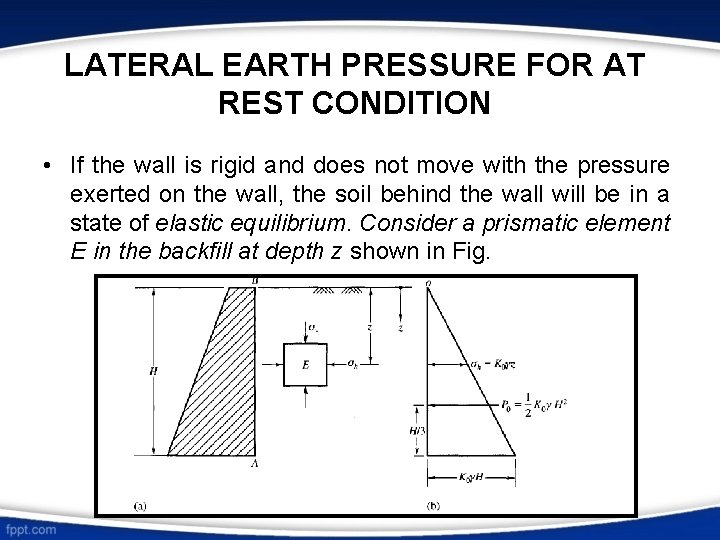 LATERAL EARTH PRESSURE FOR AT REST CONDITION • If the wall is rigid and