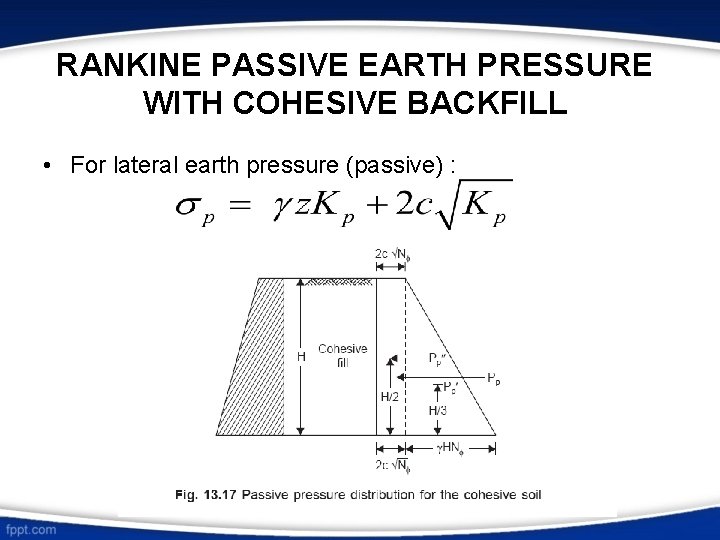 RANKINE PASSIVE EARTH PRESSURE WITH COHESIVE BACKFILL • For lateral earth pressure (passive) : RANKINE PASSIVE EARTH PRESSURE WITH COHESIVE BACKFILL • For lateral earth pressure (passive) :