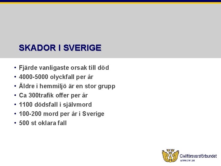 SKADOR I SVERIGE • • Fjärde vanligaste orsak till död 4000 -5000 olyckfall per