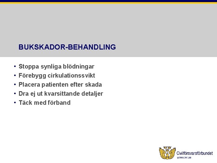 BUKSKADOR-BEHANDLING • • • Stoppa synliga blödningar Förebygg cirkulationssvikt Placera patienten efter skada Dra