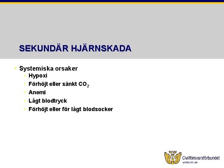 SEKUNDÄR HJÄRNSKADA • Systemiska orsaker • • • Hypoxi Förhöjt eller sänkt CO 2