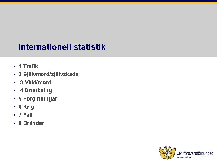 Internationell statistik • • 1 Trafik 2 Självmord/självskada 3 Våld/mord 4 Drunkning 5 Förgiftningar