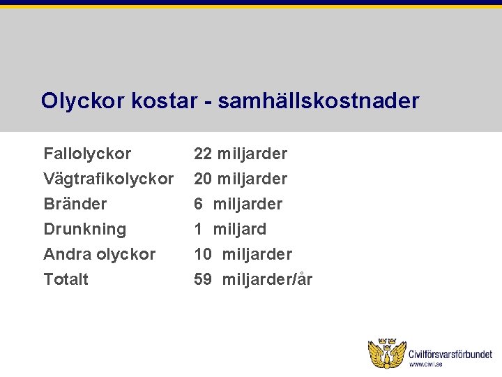 Olyckor kostar - samhällskostnader Fallolyckor Vägtrafikolyckor 22 miljarder 20 miljarder Bränder Drunkning Andra olyckor