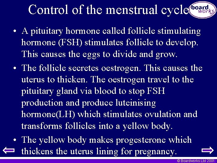 Control of the menstrual cycle • A pituitary hormone called follicle stimulating hormone (FSH)