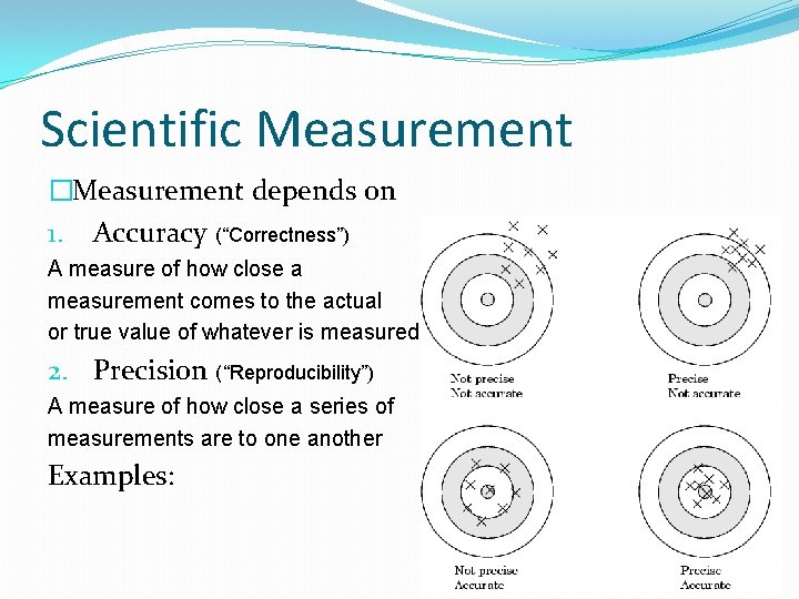 Scientific Measurement �Measurement depends on 1. Accuracy (“Correctness”) A measure of how close a