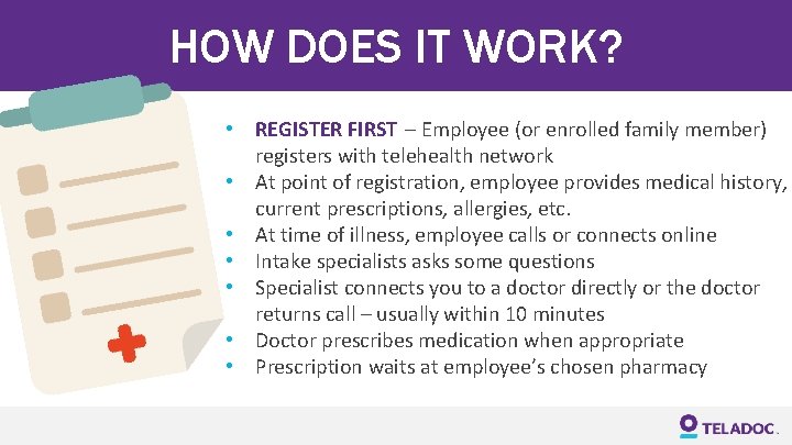 HOW DOES IT WORK? • REGISTER FIRST – Employee (or enrolled family member) registers