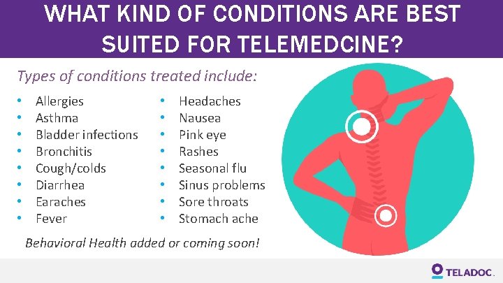 WHAT KIND OF CONDITIONS ARE BEST SUITED FOR TELEMEDCINE? Types of conditions treated include: