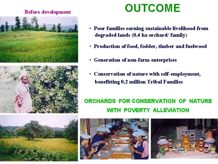 Before development OUTCOME • Poor families earning sustainable livelihood from degraded lands (0. 4