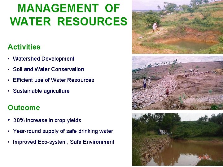 MANAGEMENT OF WATER RESOURCES Activities • Watershed Development • Soil and Water Conservation •