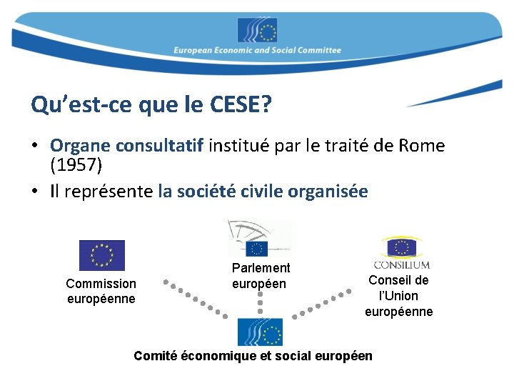 Qu’est-ce que le CESE? • Organe consultatif institué par le traité de Rome (1957)