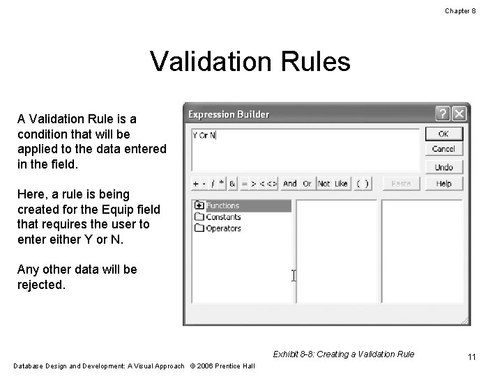 Chapter 8 Validation Rules A Validation Rule is a condition that will be applied