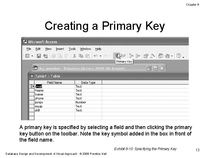 Chapter 8 Creating a Primary Key A primary key is specified by selecting a
