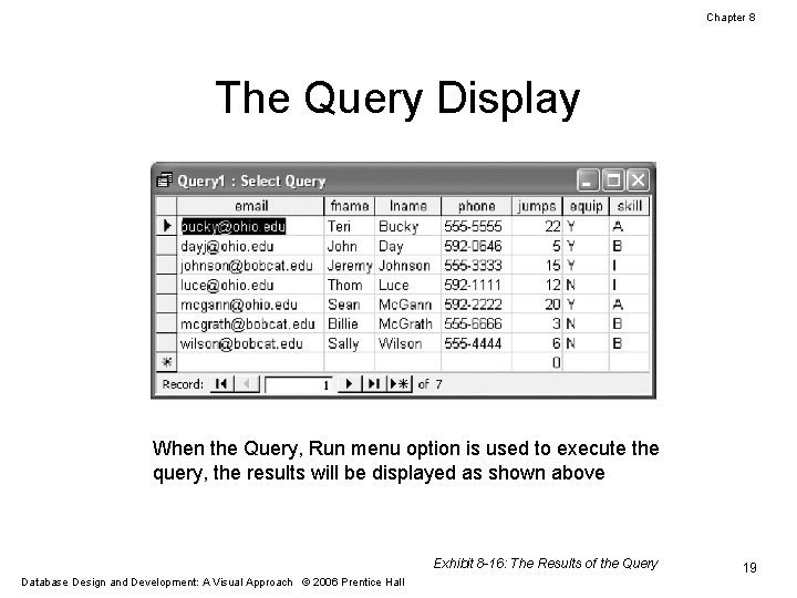 Chapter 8 The Query Display When the Query, Run menu option is used to