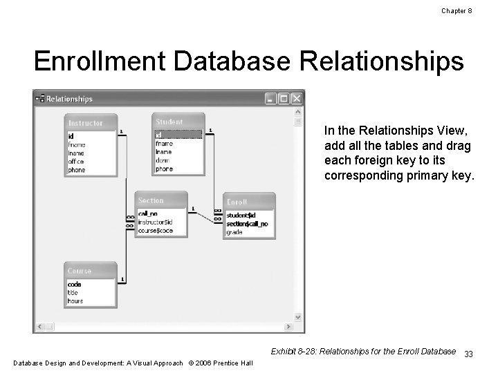 Chapter 8 Enrollment Database Relationships In the Relationships View, add all the tables and