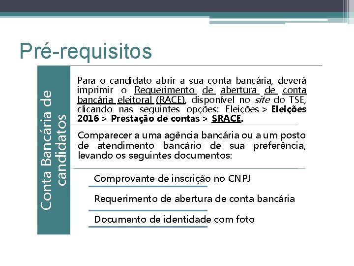 Conta Bancária de candidatos Pré-requisitos Para o candidato abrir a sua conta bancária, deverá