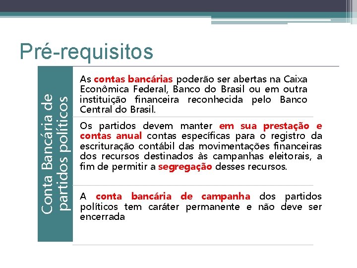 Conta Bancária de partidos políticos Pré-requisitos As contas bancárias poderão ser abertas na Caixa