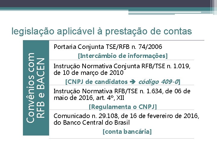 Convênios com RFB e BACEN legislação aplicável à prestação de contas Portaria Conjunta TSE/RFB