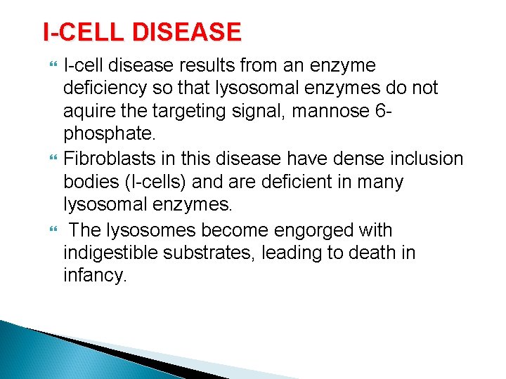 I-CELL DISEASE I-cell disease results from an enzyme deficiency so that lysosomal enzymes do