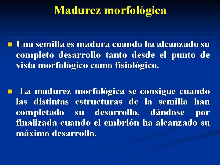 Madurez morfológica n Una semilla es madura cuando ha alcanzado su completo desarrollo tanto