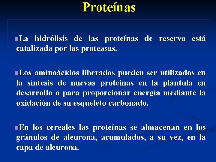 Proteínas n. La hidrólisis de las proteínas de reserva está catalizada por las proteasas.