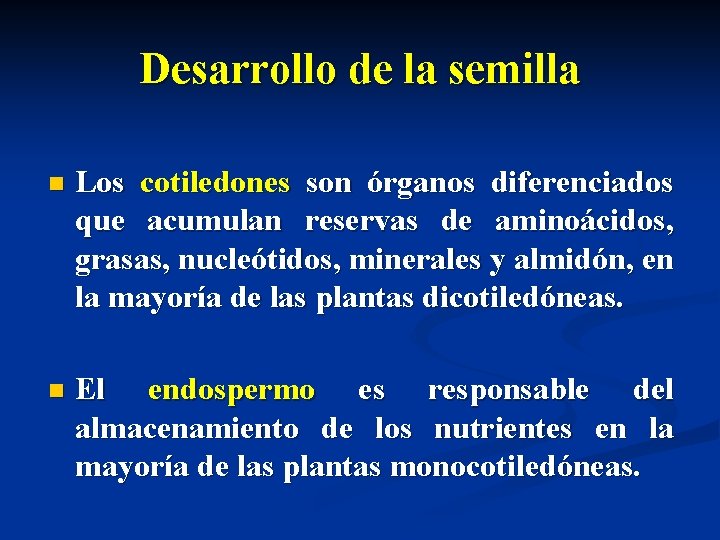 Desarrollo de la semilla n Los cotiledones son órganos diferenciados que acumulan reservas de