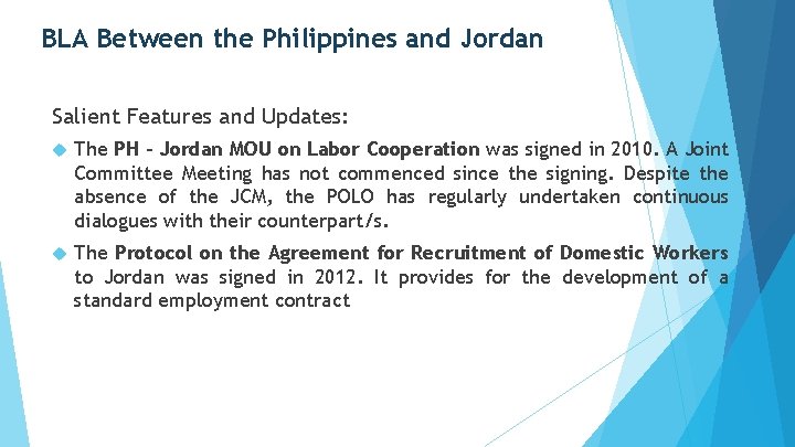 BLA Between the Philippines and Jordan Salient Features and Updates: The PH – Jordan