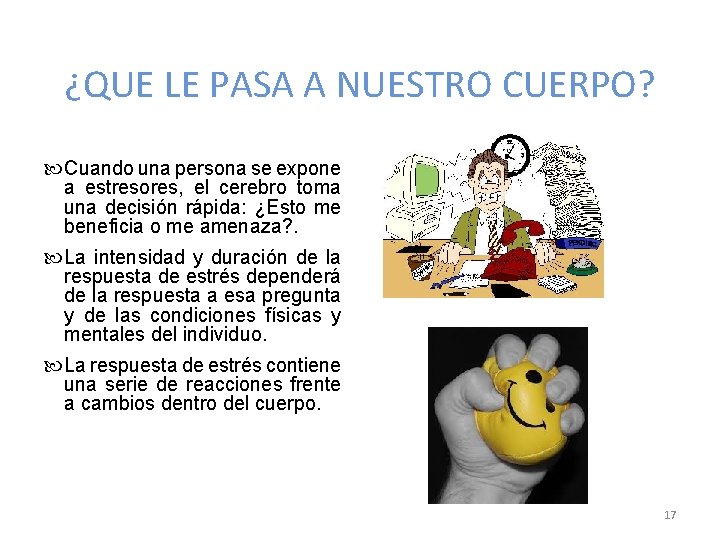 ¿QUE LE PASA A NUESTRO CUERPO? Cuando una persona se expone a estresores, el