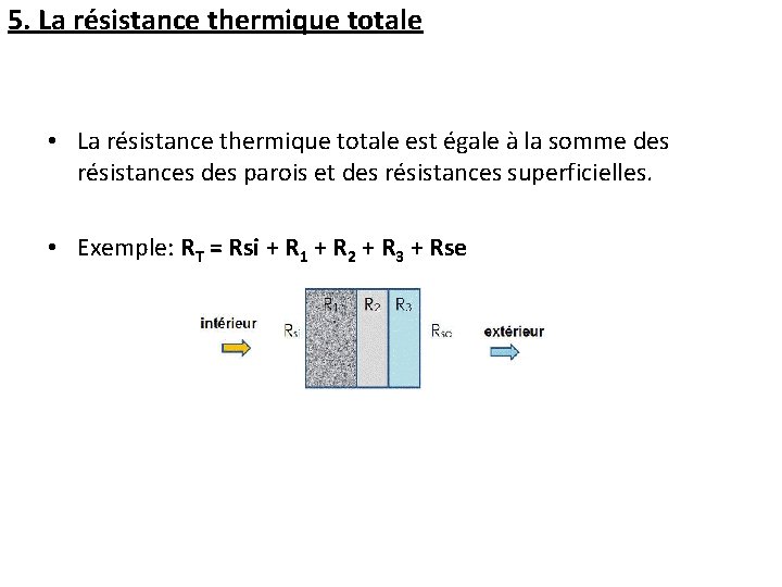 5. La résistance thermique totale • La résistance thermique totale est égale à la