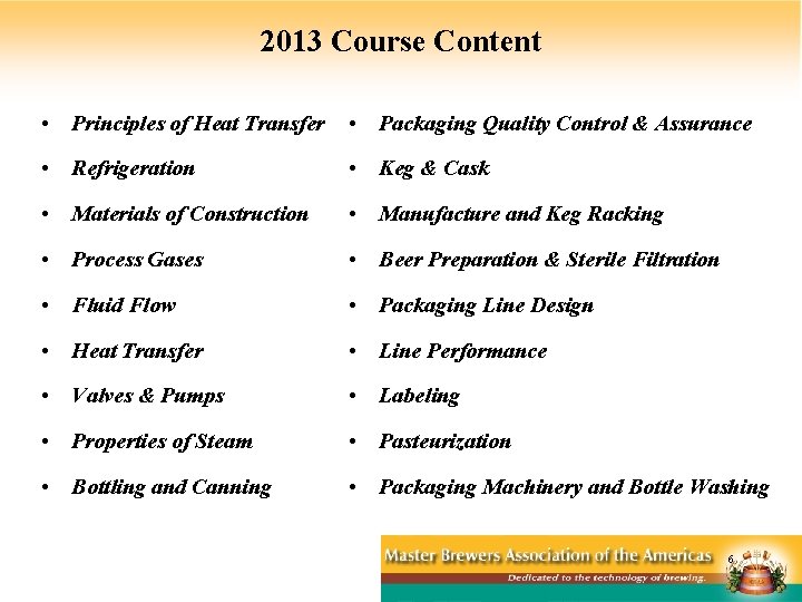 2013 Course Content • Principles of Heat Transfer • Packaging Quality Control & Assurance