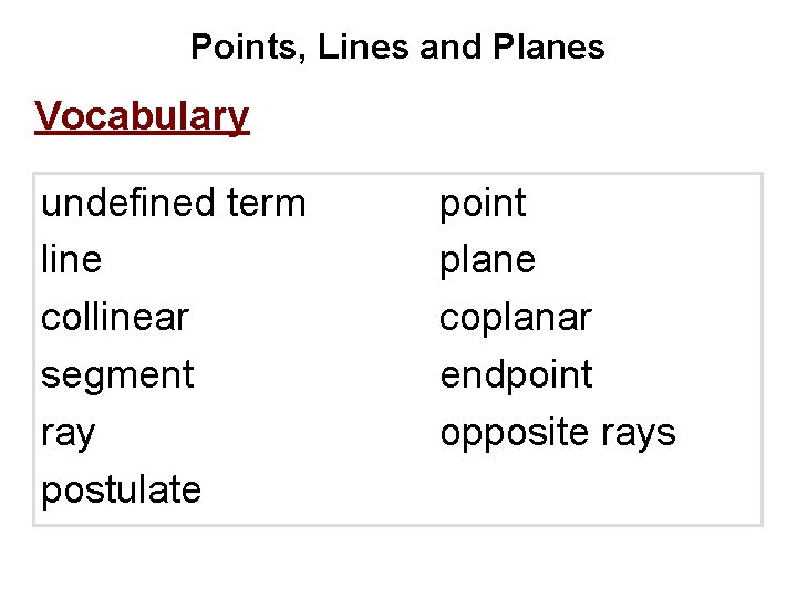 Points, Lines and Planes Vocabulary undefined term line collinear segment ray postulate point plane