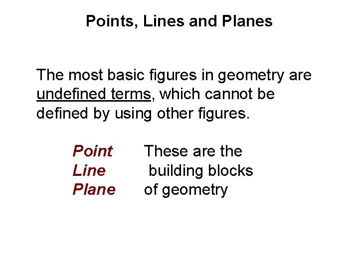 Points, Lines and Planes The most basic figures in geometry are undefined terms, which