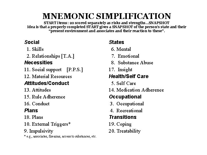 MNEMONIC SIMPLIFICATION START Items: 20 scored separately as risks and strengths…SNAPSHOT Idea is that