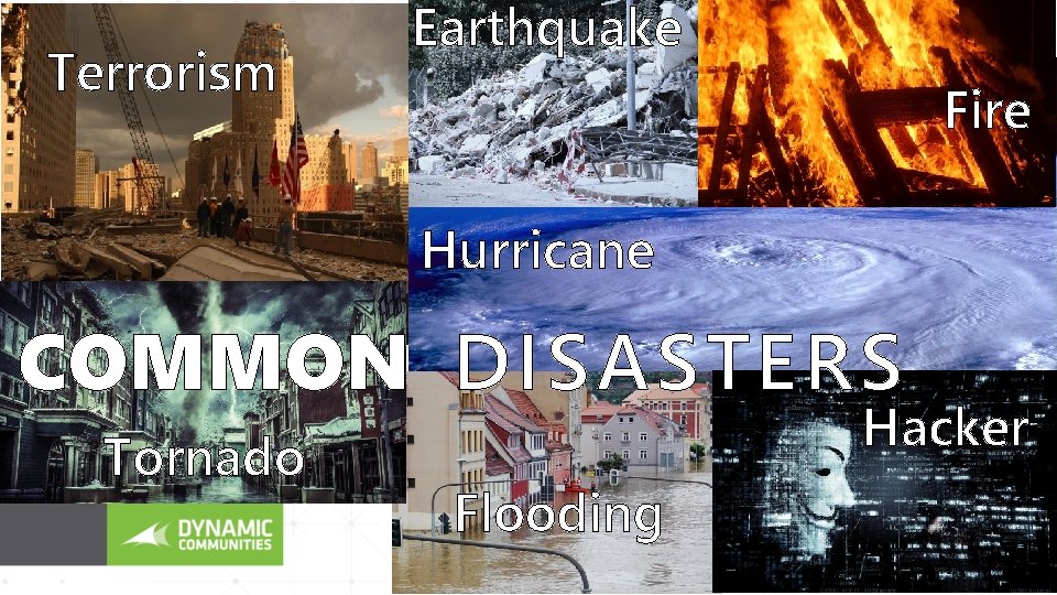 Terrorism Earthquake Fire Hurricane COMMON DISASTERS Tornado Hacker Flooding 