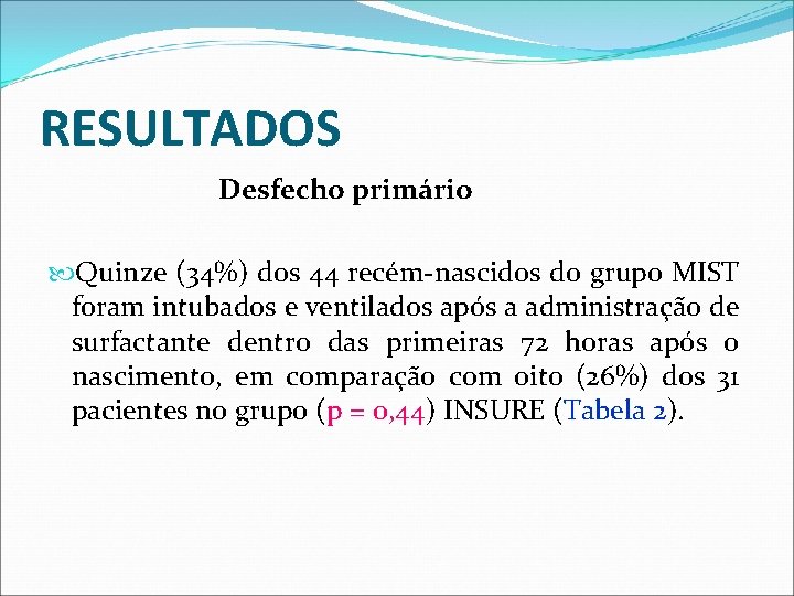 RESULTADOS Desfecho primário Quinze (34%) dos 44 recém-nascidos do grupo MIST foram intubados e