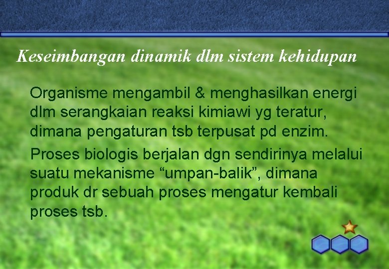 Keseimbangan dinamik dlm sistem kehidupan Organisme mengambil & menghasilkan energi dlm serangkaian reaksi kimiawi