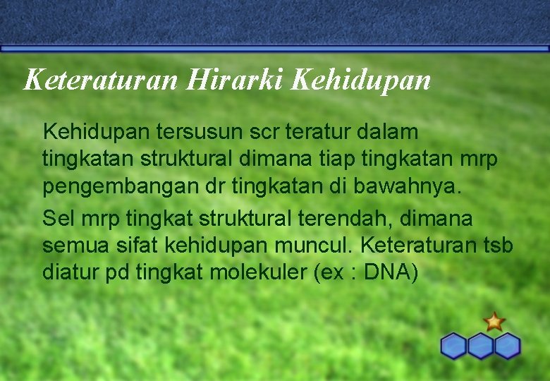 Keteraturan Hirarki Kehidupan tersusun scr teratur dalam tingkatan struktural dimana tiap tingkatan mrp pengembangan