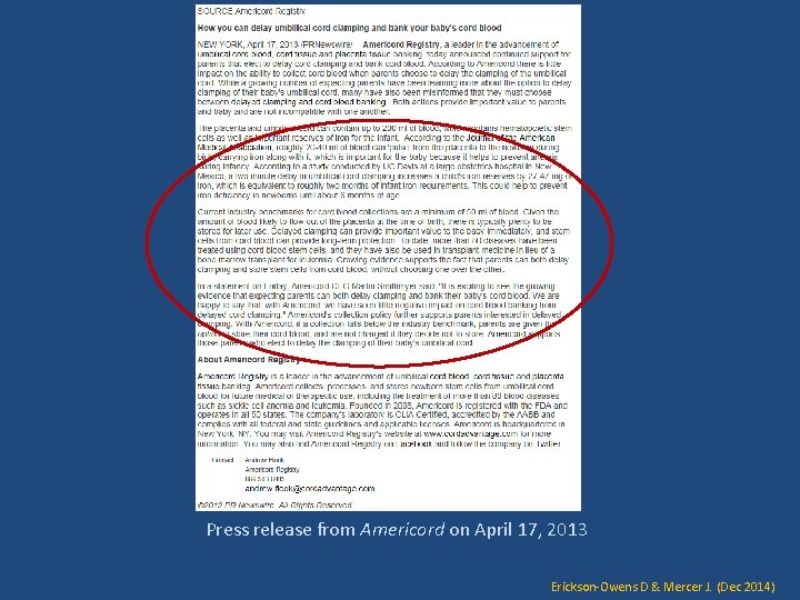 Press release from Americord on April 17, 2013 Erickson-Owens D & Mercer J. (Dec