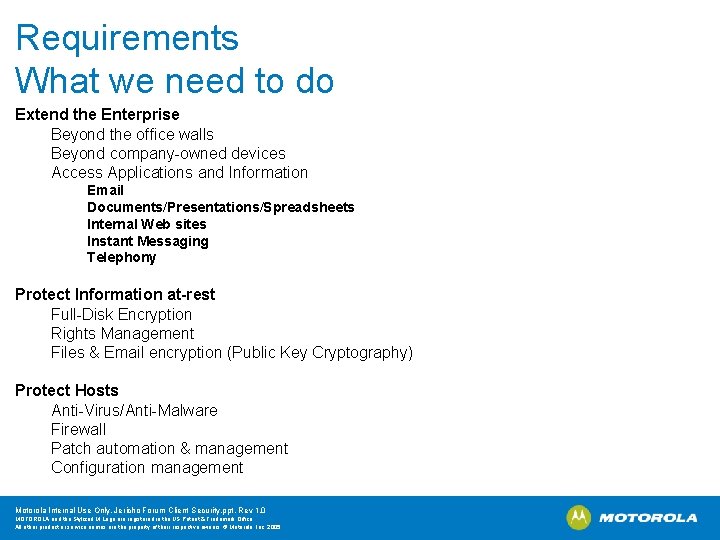 Requirements What we need to do Extend the Enterprise Beyond the office walls Beyond