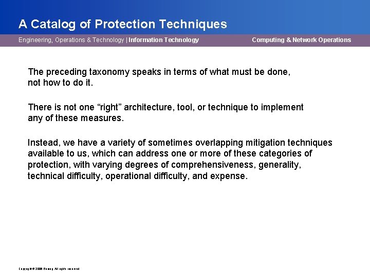 A Catalog of Protection Techniques Engineering, Operations & Technology | Information Technology Computing &