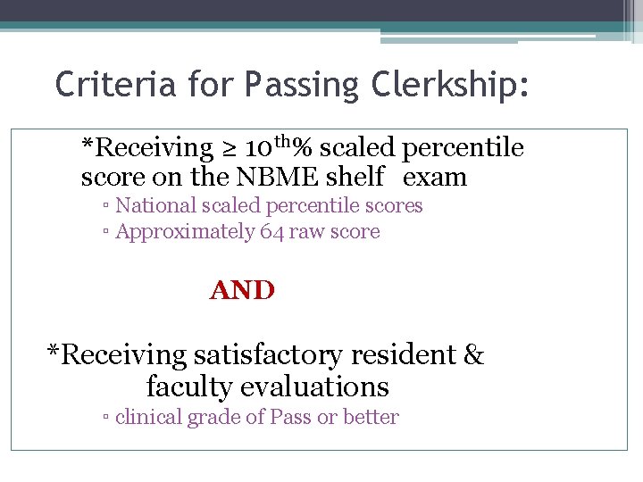 Criteria for Passing Clerkship: *Receiving ≥ 10 th% scaled percentile score on the NBME