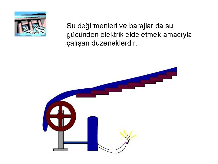 Su değirmenleri ve barajlar da su gücünden elektrik elde etmek amacıyla çalışan düzeneklerdir. 