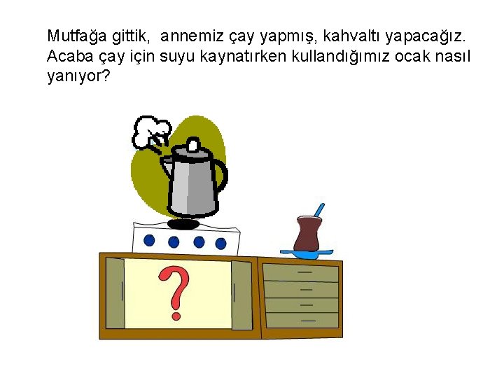 Mutfağa gittik, annemiz çay yapmış, kahvaltı yapacağız. Acaba çay için suyu kaynatırken kullandığımız ocak