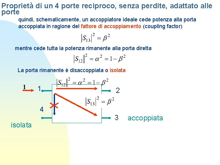 Proprietà di un 4 porte reciproco, senza perdite, adattato alle porte quindi, schematicamente, un