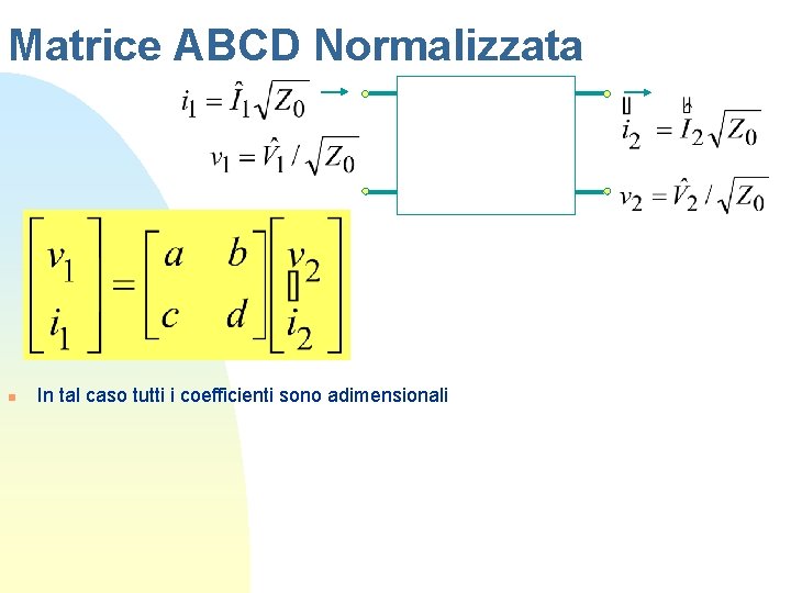 Matrice ABCD Normalizzata n In tal caso tutti i coefficienti sono adimensionali 