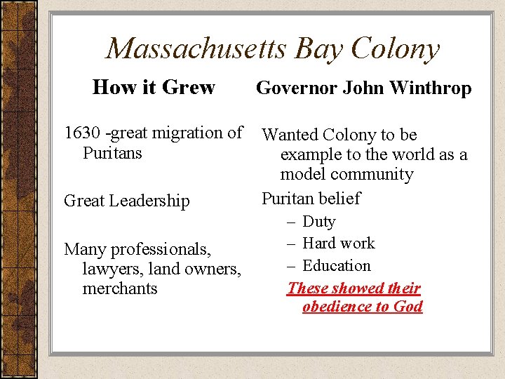 Massachusetts Bay Colony How it Grew Governor John Winthrop 1630 -great migration of Puritans