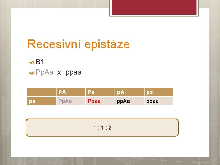 Recesivní epistáze B 1 Pp. Aa pa x ppaa PA Pa p. A pa